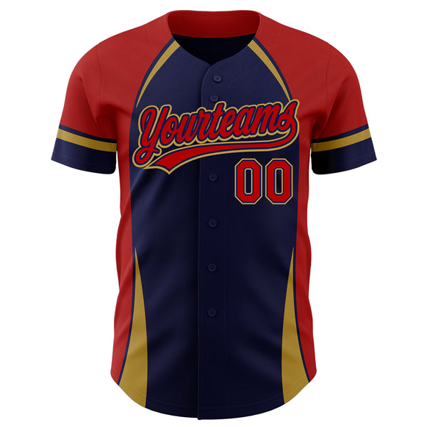 Custom Navy Red-Old Gold 3D Pattern Design Curve Solid Authentic Baseball Jersey