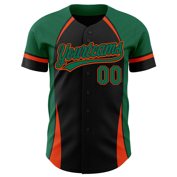 Custom Black Kelly Green-Orange 3D Pattern Design Curve Solid Authentic Baseball Jersey
