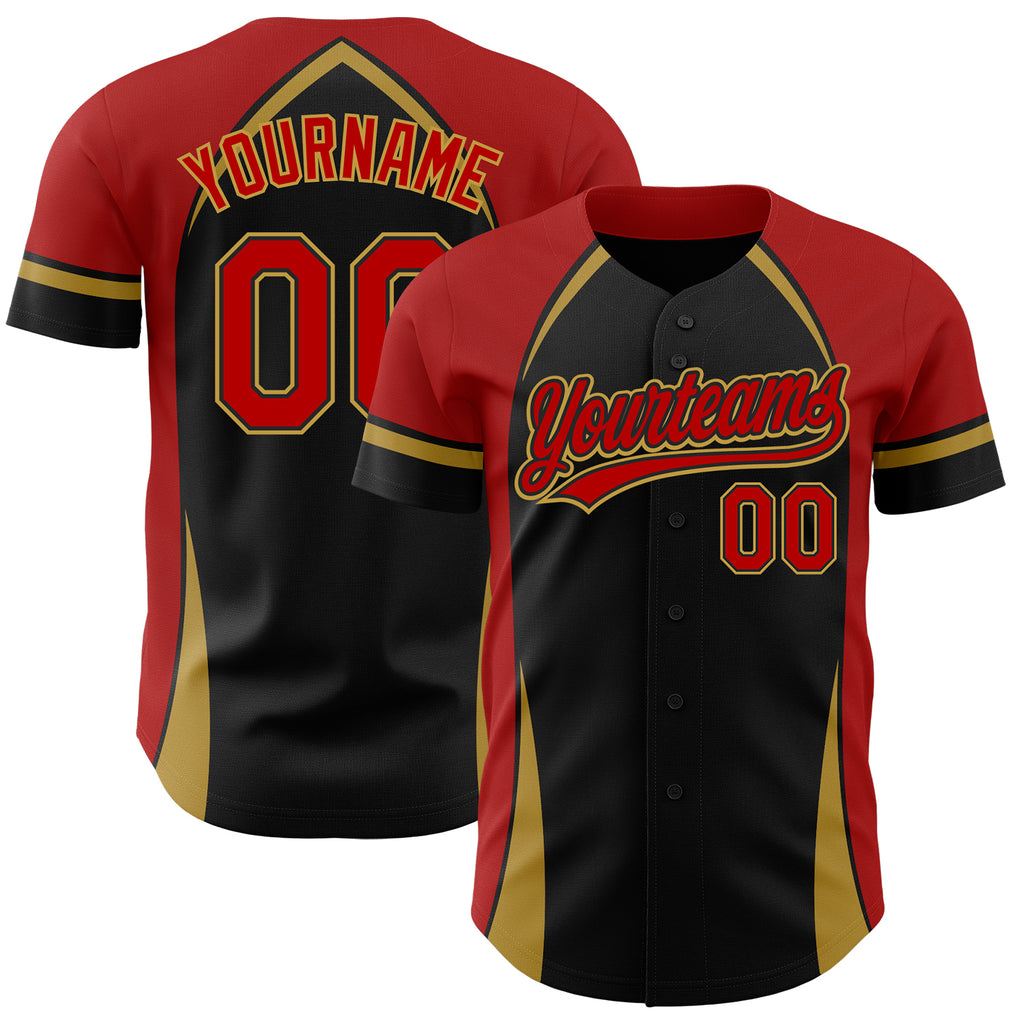 Custom Black Red-Old Gold 3D Pattern Design Curve Solid Authentic Baseball Jersey