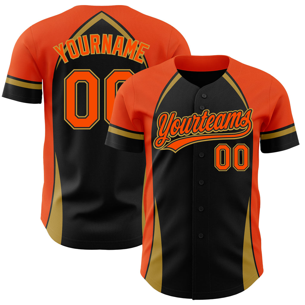 Custom Black Orange-Old Gold 3D Pattern Design Curve Solid Authentic Baseball Jersey