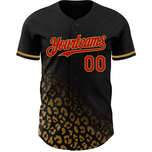 Custom Black Red-Old Gold 3D Pattern Design Leopard Print Fade Fashion Authentic Baseball Jersey