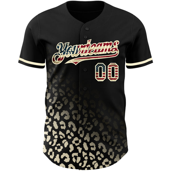 Custom Black Vintage USA Flag-Cream 3D Pattern Design Leopard Print Fade Fashion Authentic Baseball Jersey