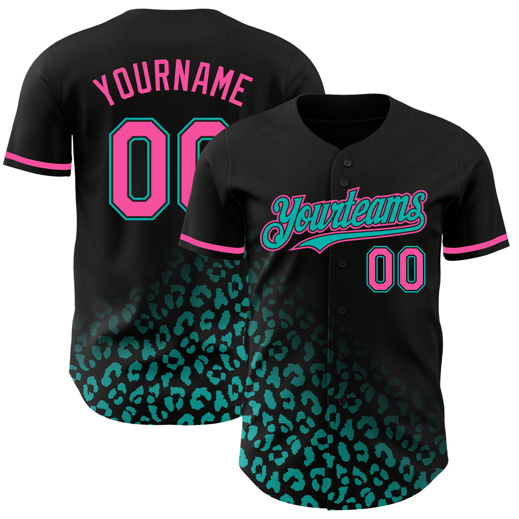Custom Black Pink-Aqua 3D Pattern Design Leopard Print Fade Fashion Authentic Baseball Jersey