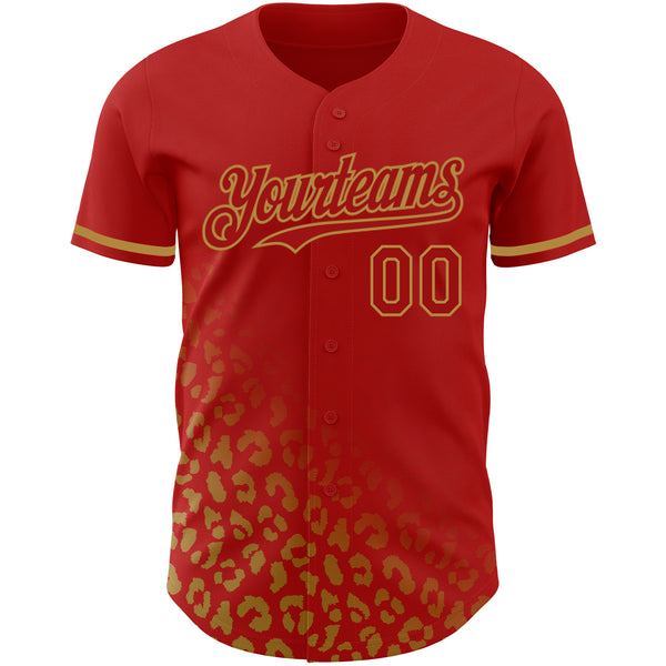 Custom Red Old Gold 3D Pattern Design Leopard Print Fade Fashion Authentic Baseball Jersey