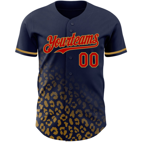 Custom Navy Red-Old Gold 3D Pattern Design Leopard Print Fade Fashion Authentic Baseball Jersey