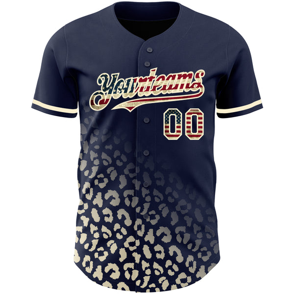 Custom Navy Vintage USA Flag-Cream 3D Pattern Design Leopard Print Fade Fashion Authentic Baseball Jersey