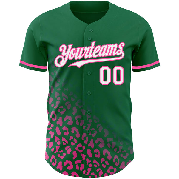 Custom Kelly Green White-Pink 3D Pattern Design Leopard Print Fade Fashion Authentic Baseball Jersey