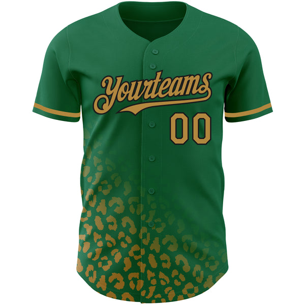 Custom Kelly Green Old Gold-Black 3D Pattern Design Leopard Print Fade Fashion Authentic Baseball Jersey