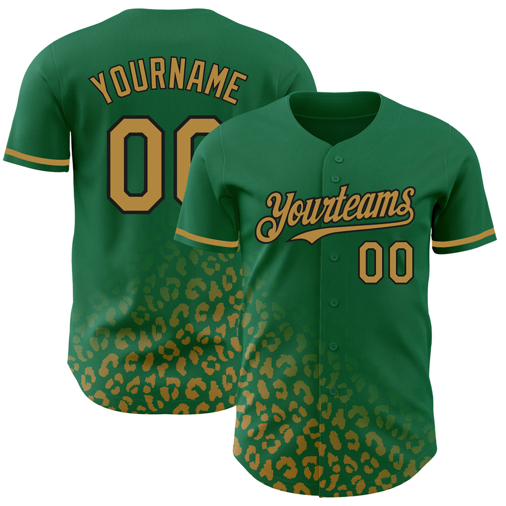 Custom Kelly Green Old Gold-Black 3D Pattern Design Leopard Print Fade Fashion Authentic Baseball Jersey