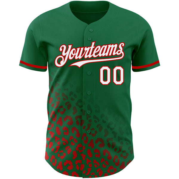 Custom Kelly Green White-Red 3D Pattern Design Leopard Print Fade Fashion Authentic Baseball Jersey