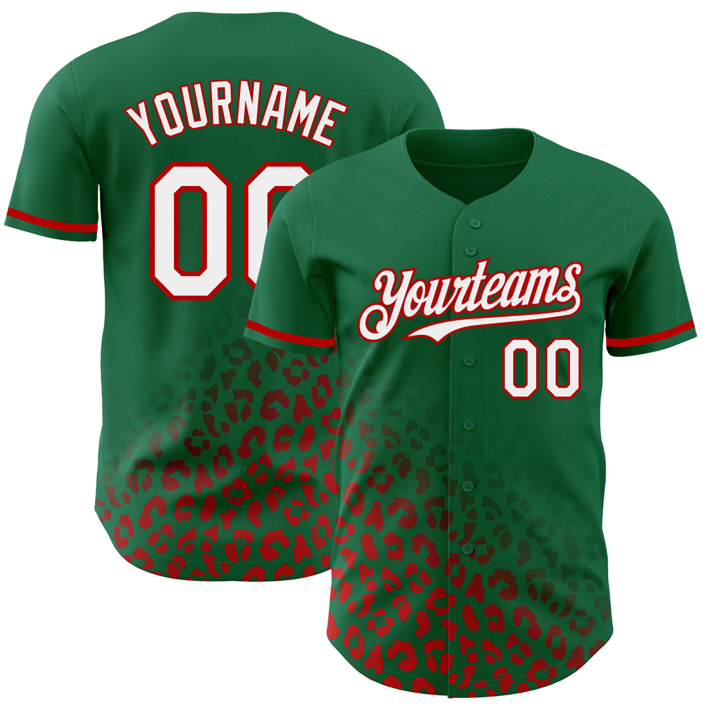 Custom Kelly Green White-Red 3D Pattern Design Leopard Print Fade Fashion Authentic Baseball Jersey