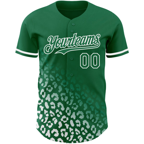 Custom Kelly Green White 3D Pattern Design Leopard Print Fade Fashion Authentic Baseball Jersey