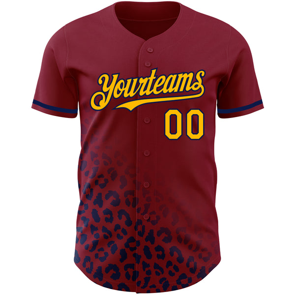 Custom Crimson Gold-Navy 3D Pattern Design Leopard Print Fade Fashion Authentic Baseball Jersey