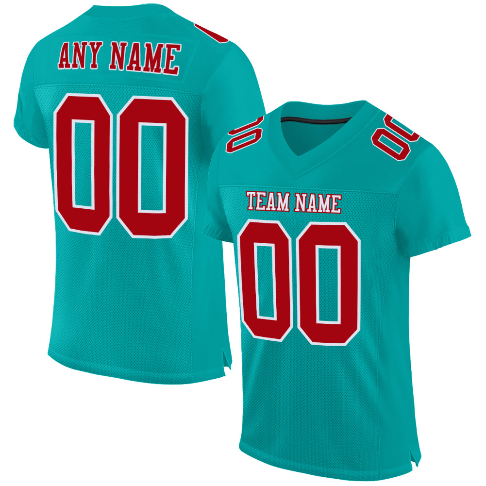 Custom Aqua Red-White Mesh Authentic Football Jersey