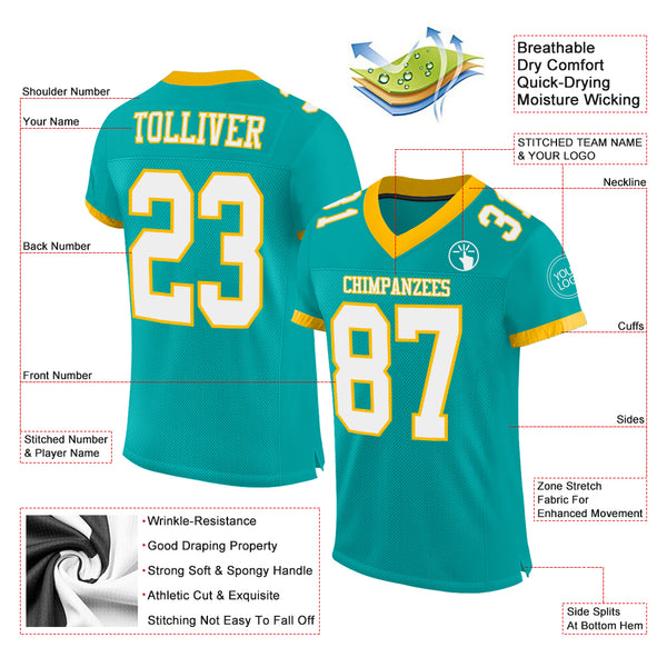 Custom Aqua White-Gold Mesh Authentic Football Jersey