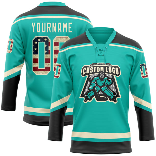 Custom Aqua Vintage USA Flag Black-Cream Hockey Lace Neck Jersey