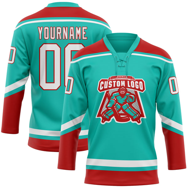 Custom Aqua White-Red Hockey Lace Neck Jersey