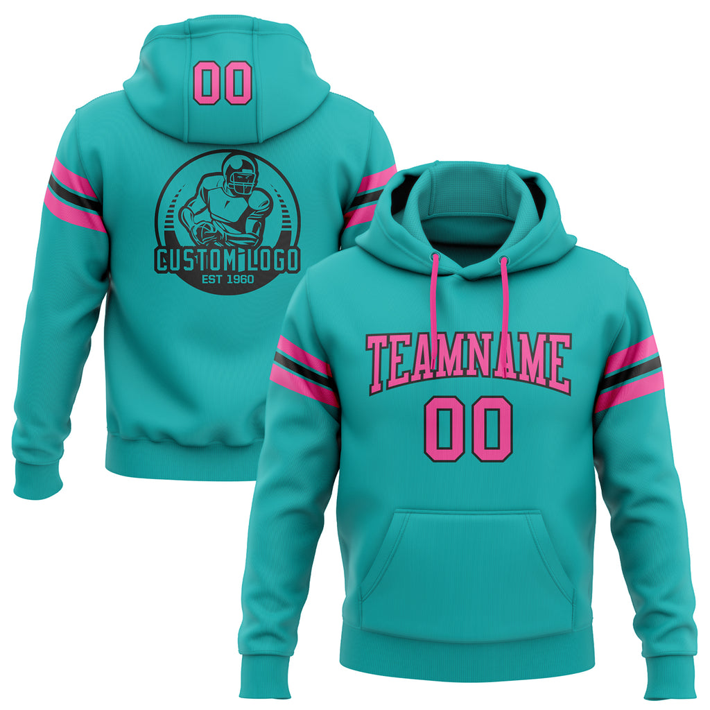 Custom Stitched Aqua Pink-Black Football Pullover Sweatshirt Hoodie