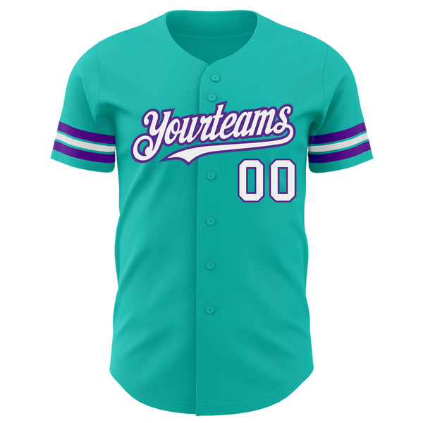 Custom Aqua White-Purple Authentic Baseball Jersey