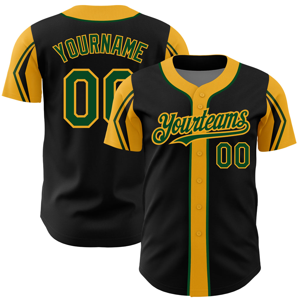 Custom Black Green-Gold 3 Colors Arm Shapes Authentic Baseball Jersey