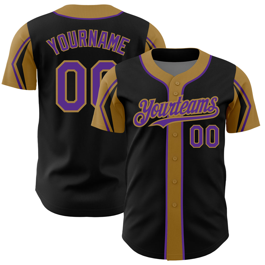 Custom Black Purple-Old Gold 3 Colors Arm Shapes Authentic Baseball Jersey