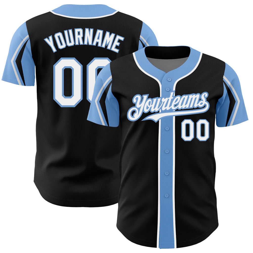 Custom Black White-Light Blue 3 Colors Arm Shapes Authentic Baseball Jersey