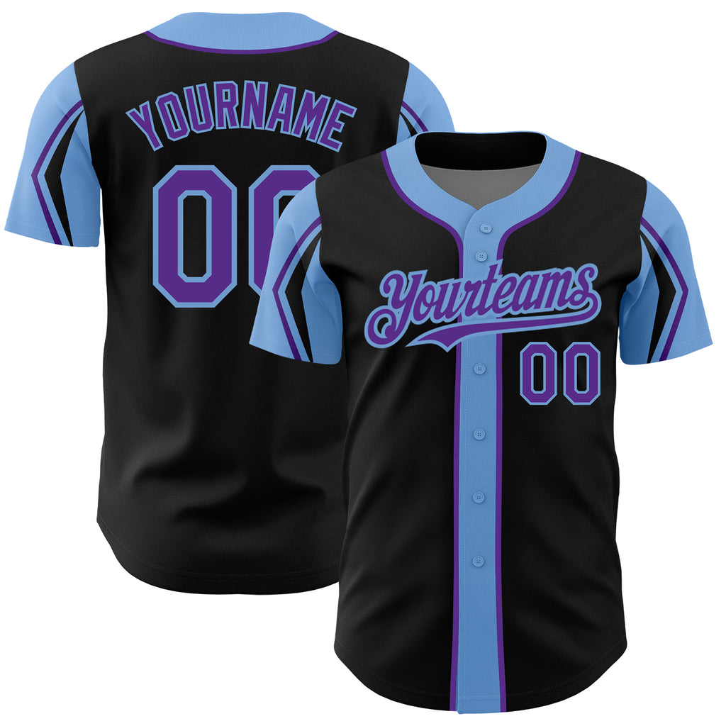 Custom Black Purple-Light Blue 3 Colors Arm Shapes Authentic Baseball Jersey