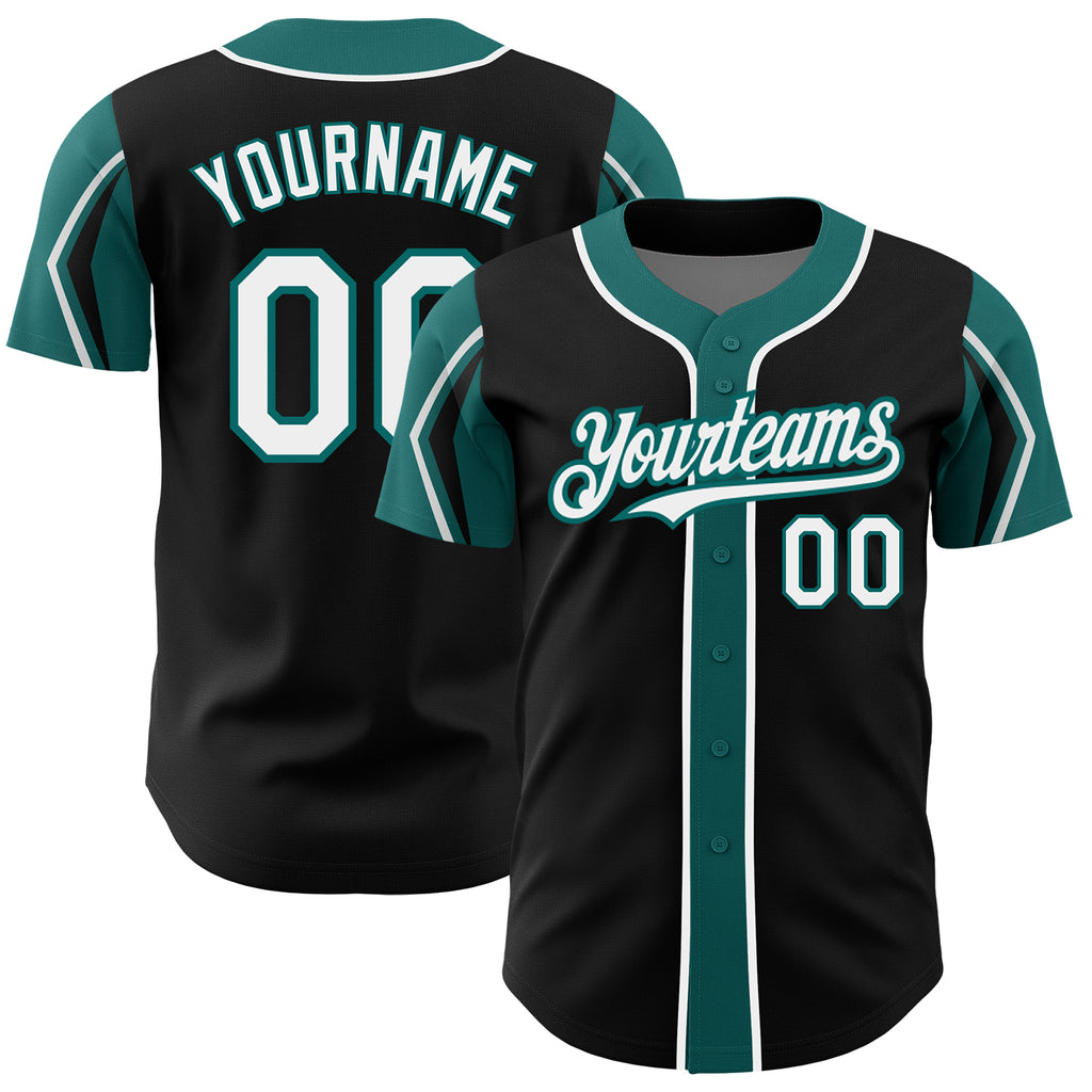 Custom Black White-Teal 3 Colors Arm Shapes Authentic Baseball Jersey