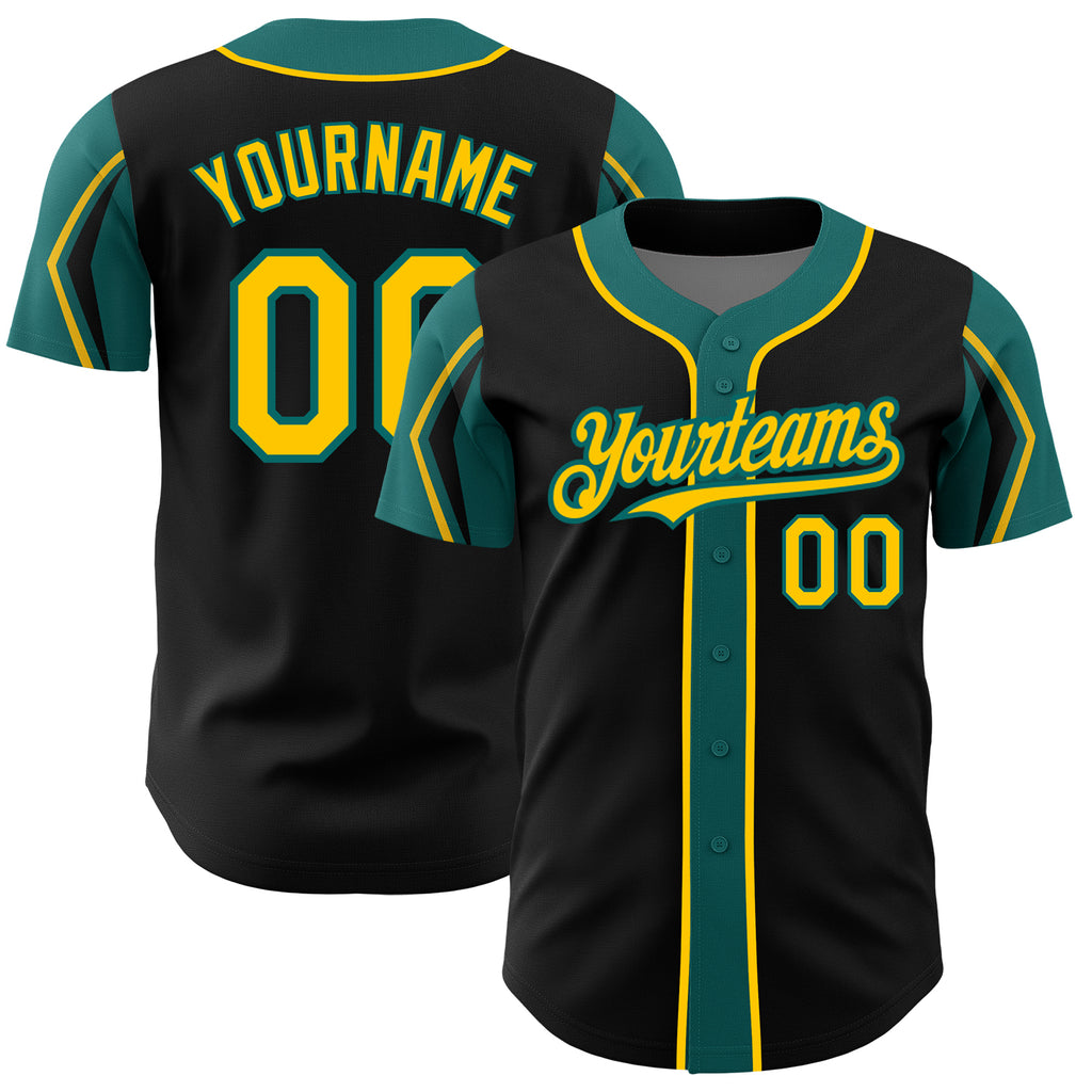 Custom Black Yellow-Teal 3 Colors Arm Shapes Authentic Baseball Jersey