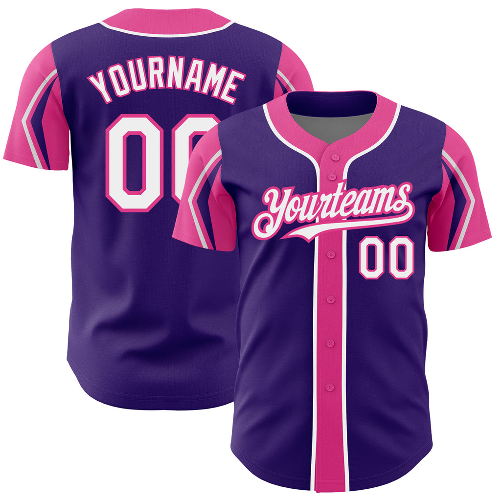 Custom Purple White-Pink 3 Colors Arm Shapes Authentic Baseball Jersey