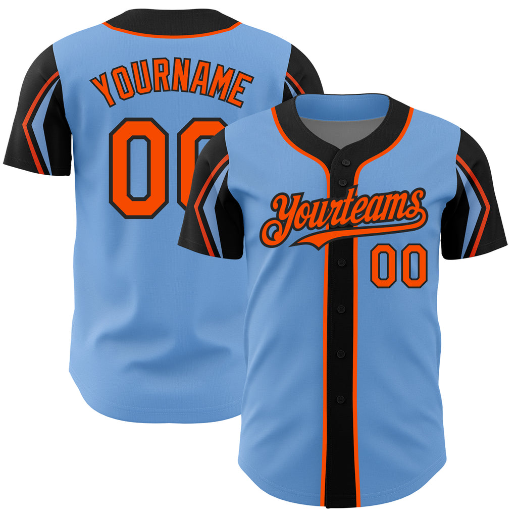 Custom Light Blue Orange-Black 3 Colors Arm Shapes Authentic Baseball Jersey
