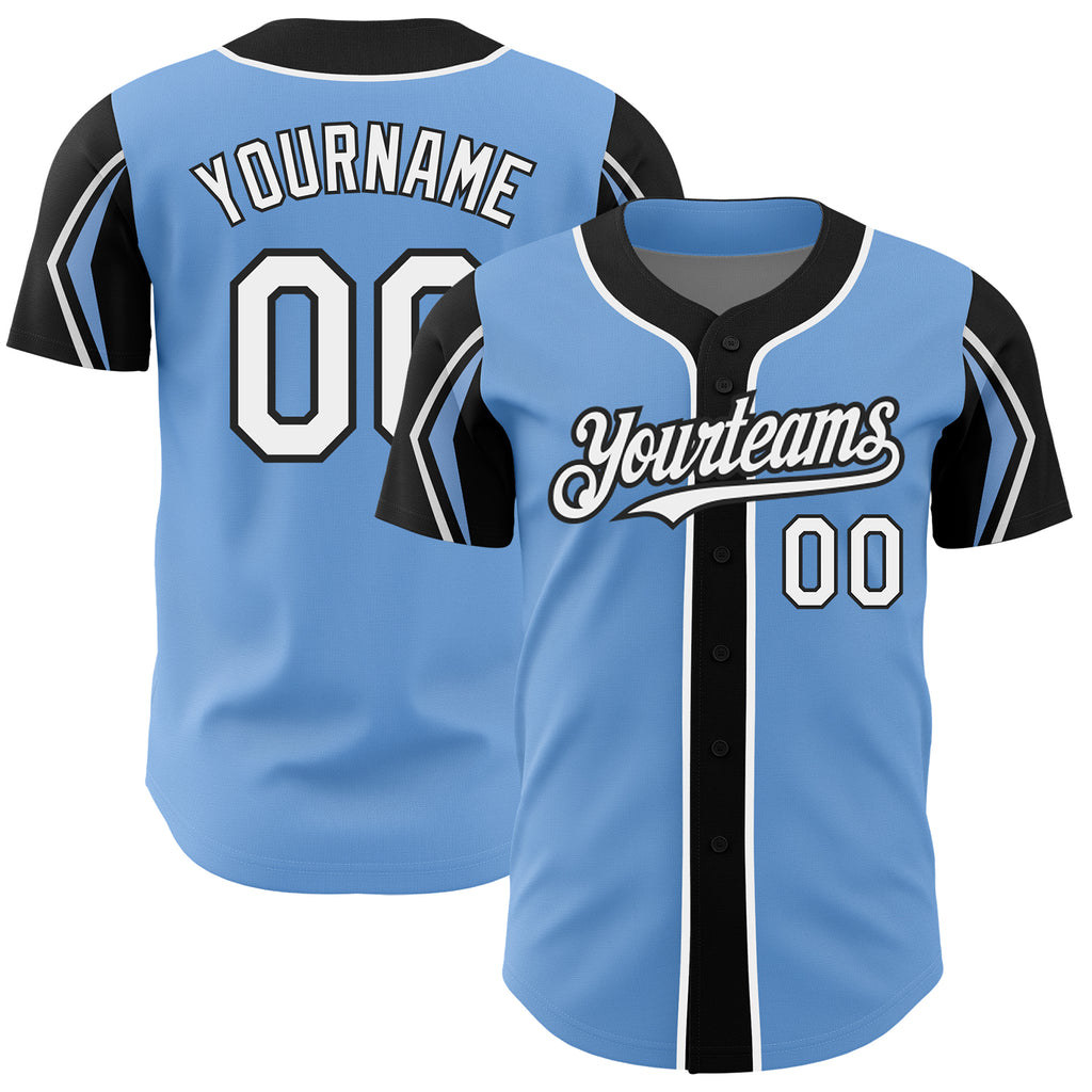 Custom Light Blue White-Black 3 Colors Arm Shapes Authentic Baseball Jersey