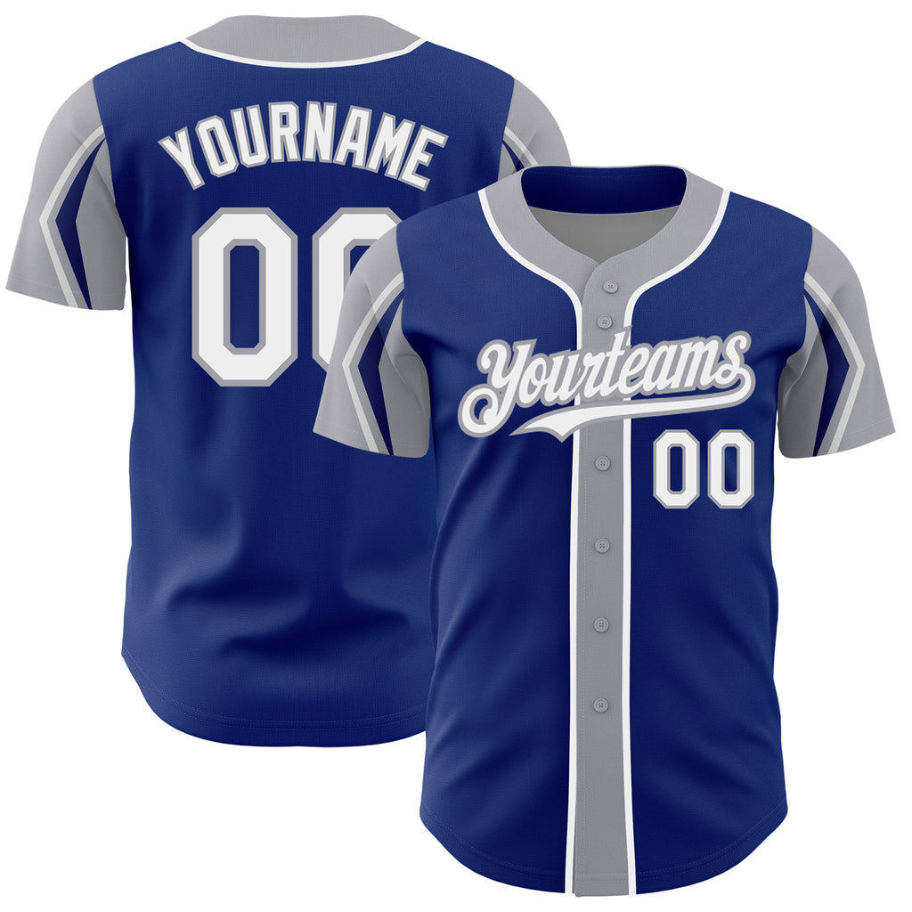 Custom Royal White-Gray 3 Colors Arm Shapes Authentic Baseball Jersey