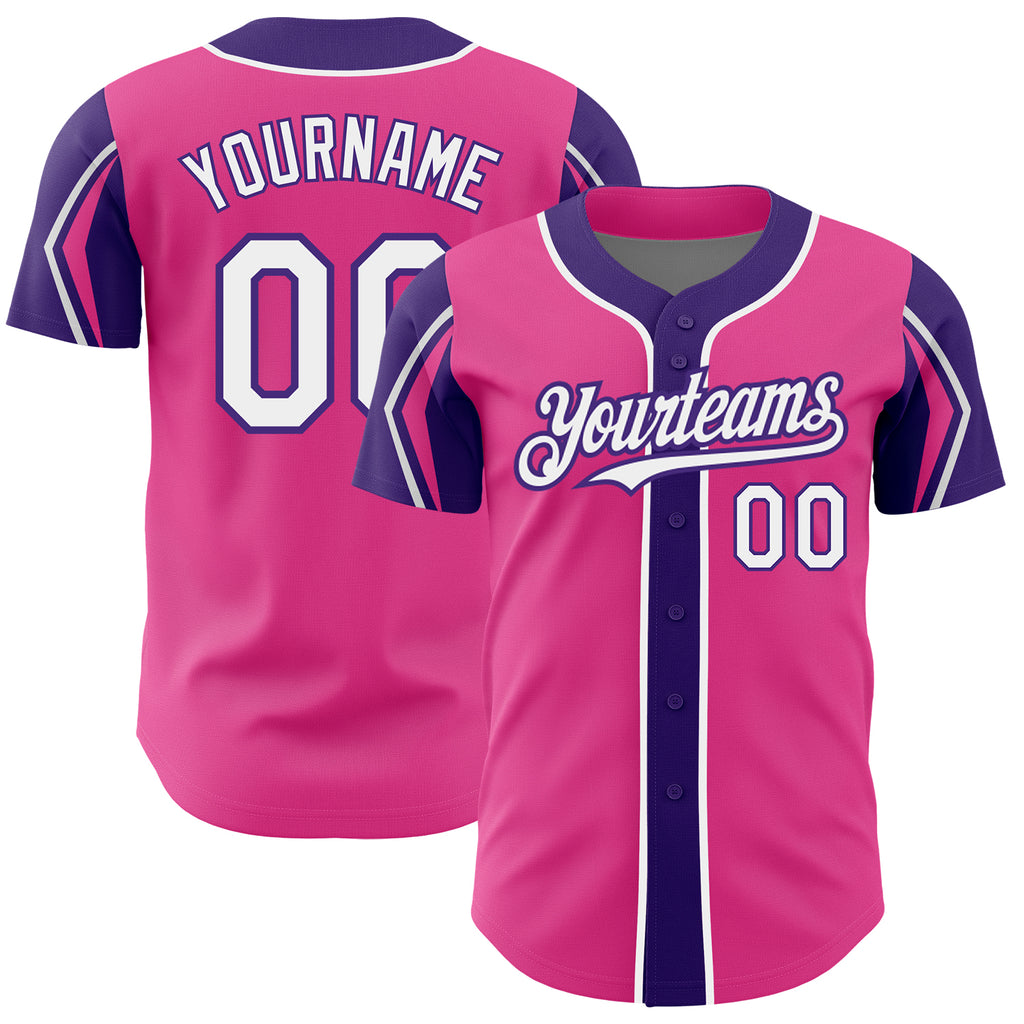 Custom Pink White-Purple 3 Colors Arm Shapes Authentic Baseball Jersey