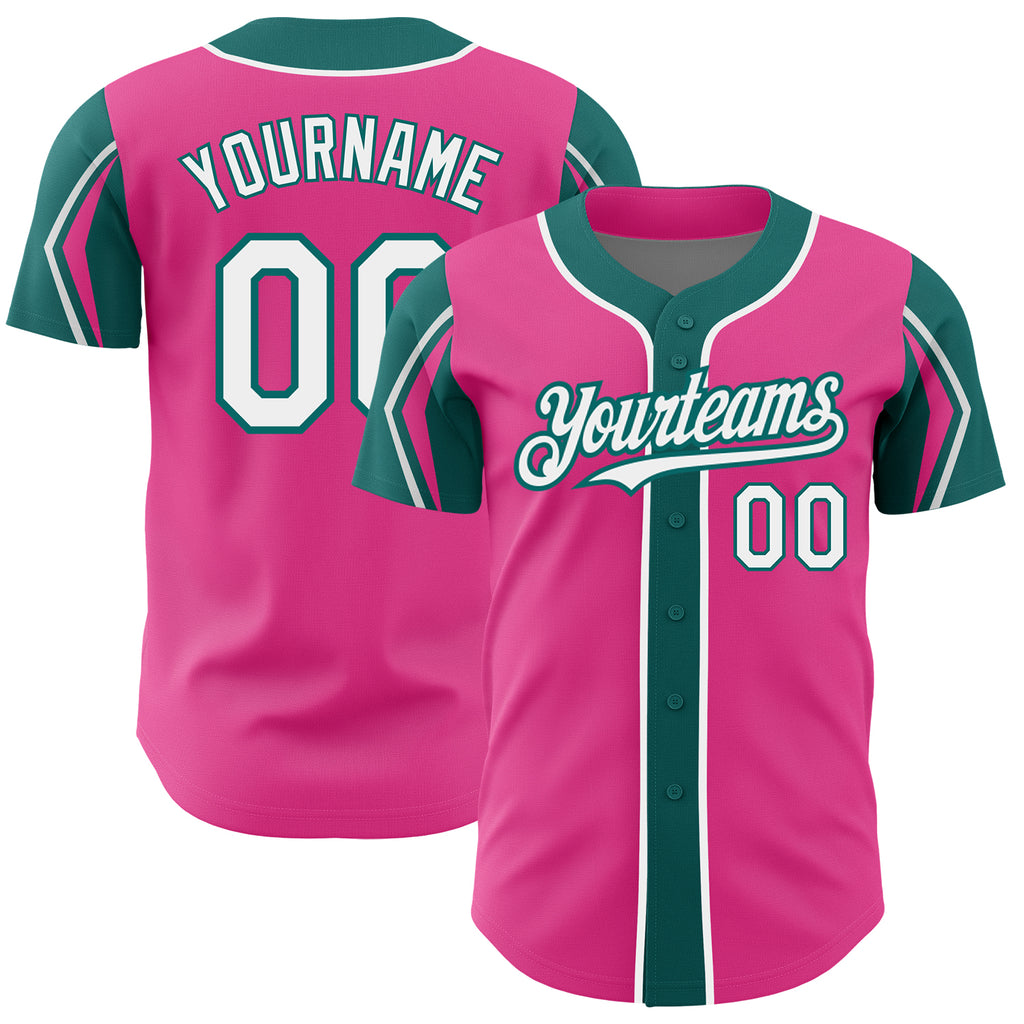 Custom Pink White-Teal 3 Colors Arm Shapes Authentic Baseball Jersey