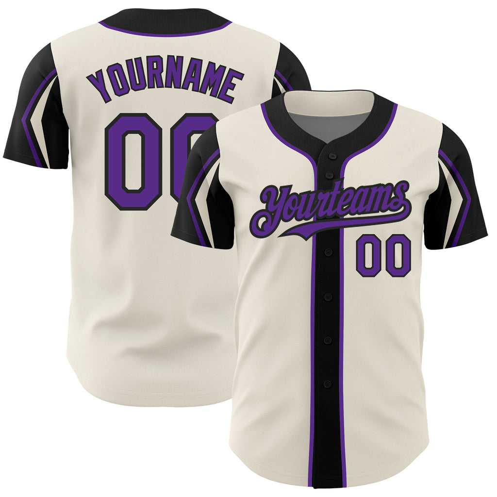 Custom Cream Purple-Black 3 Colors Arm Shapes Authentic Baseball Jersey