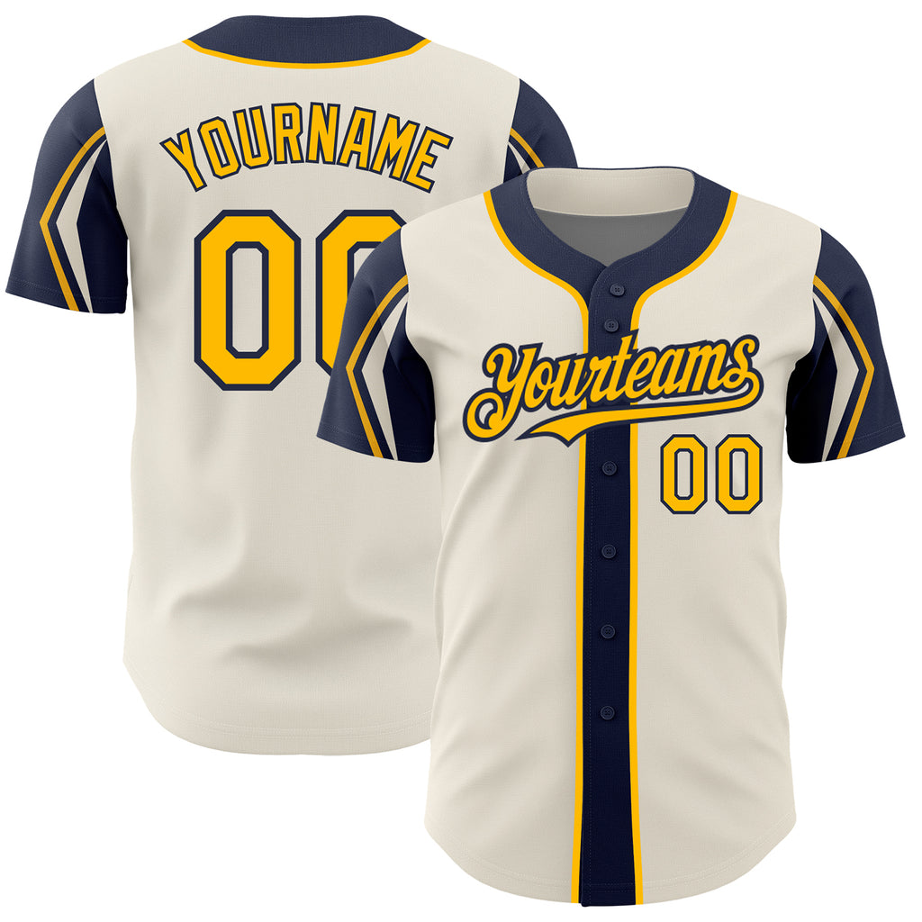 Custom Cream Gold-Navy 3 Colors Arm Shapes Authentic Baseball Jersey