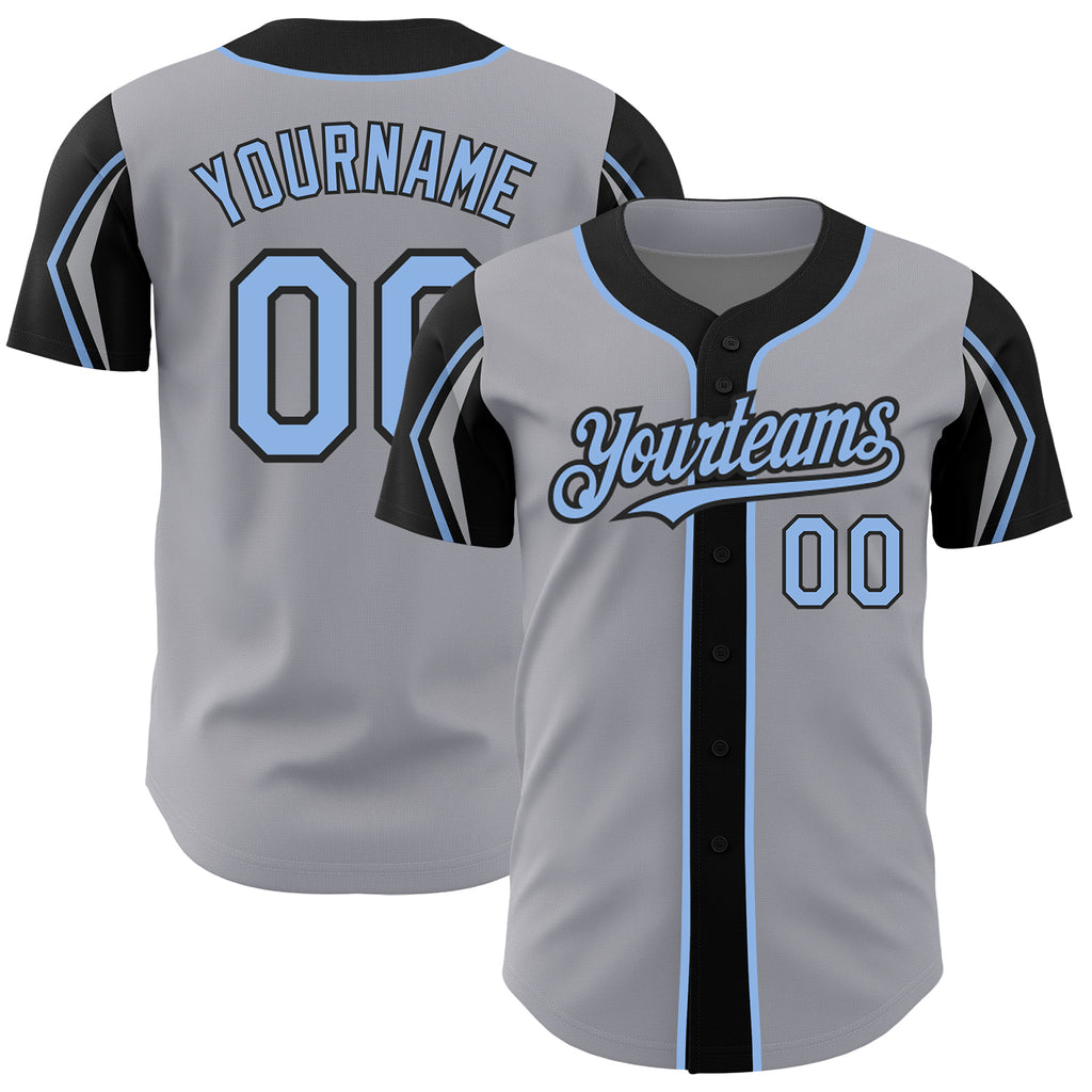 Custom Gray Light Blue-Black 3 Colors Arm Shapes Authentic Baseball Jersey