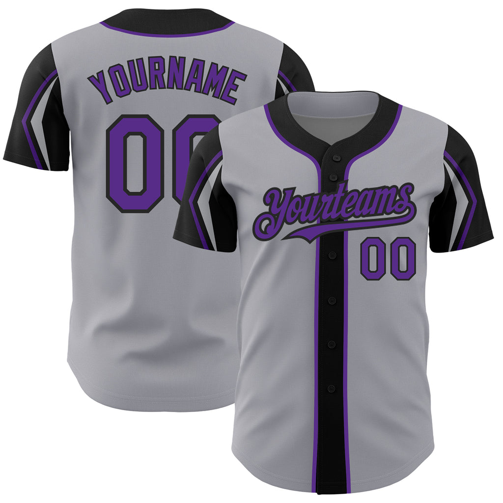 Custom Gray Purple-Black 3 Colors Arm Shapes Authentic Baseball Jersey