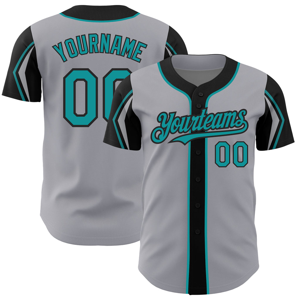 Custom Gray Teal-Black 3 Colors Arm Shapes Authentic Baseball Jersey