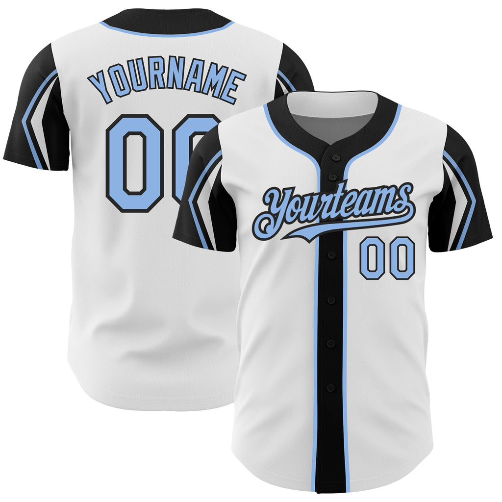 Custom White Light Blue-Black 3 Colors Arm Shapes Authentic Baseball Jersey