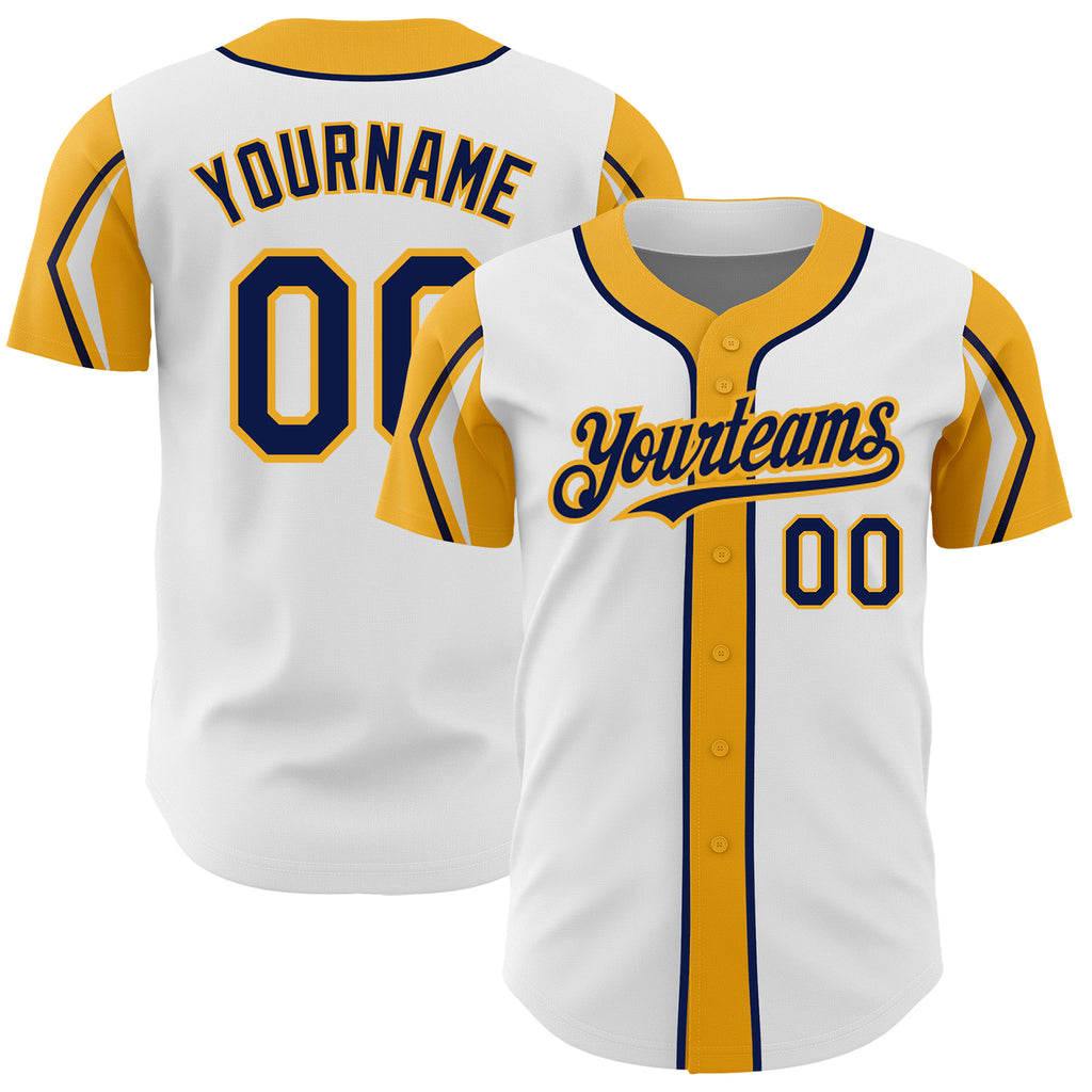 Custom White Navy-Gold 3 Colors Arm Shapes Authentic Baseball Jersey