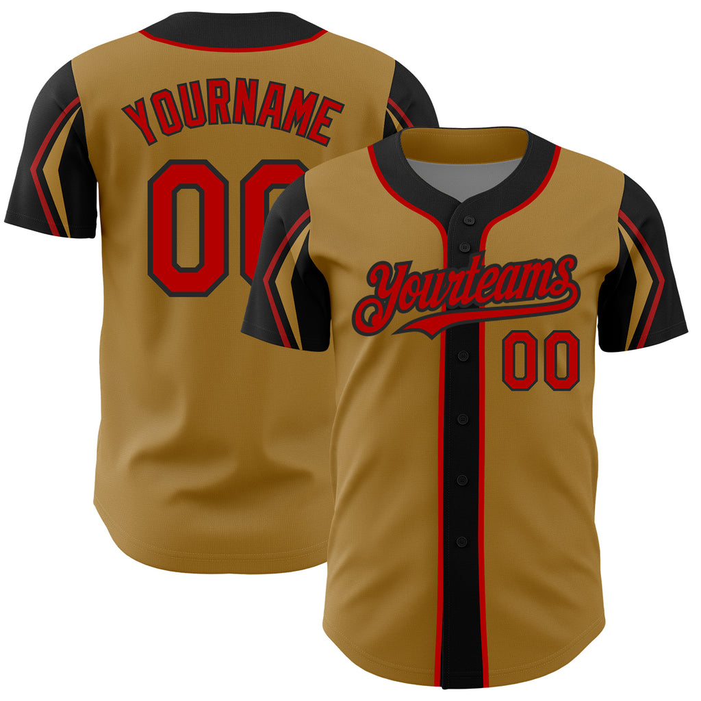 Custom Old Gold Red-Black 3 Colors Arm Shapes Authentic Baseball Jersey