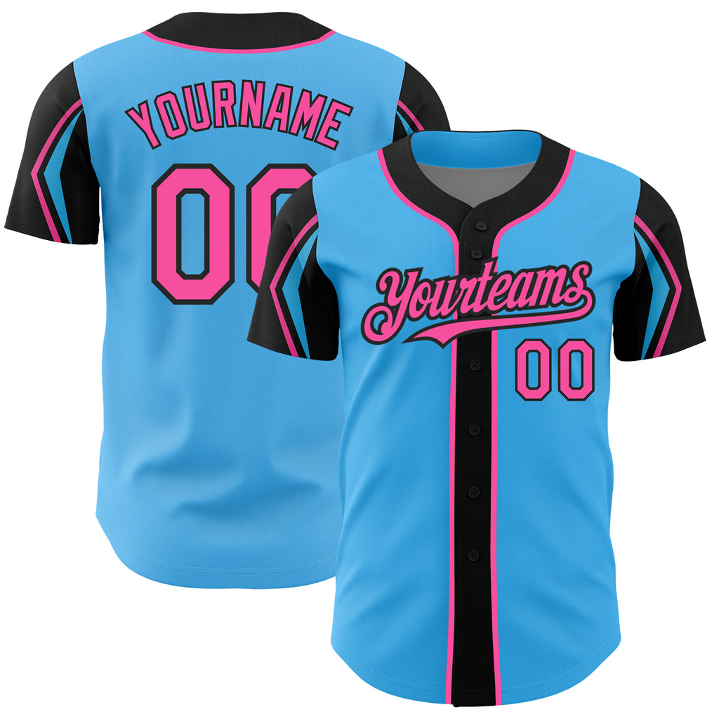 Custom Sky Blue Pink-Black 3 Colors Arm Shapes Authentic Baseball Jersey