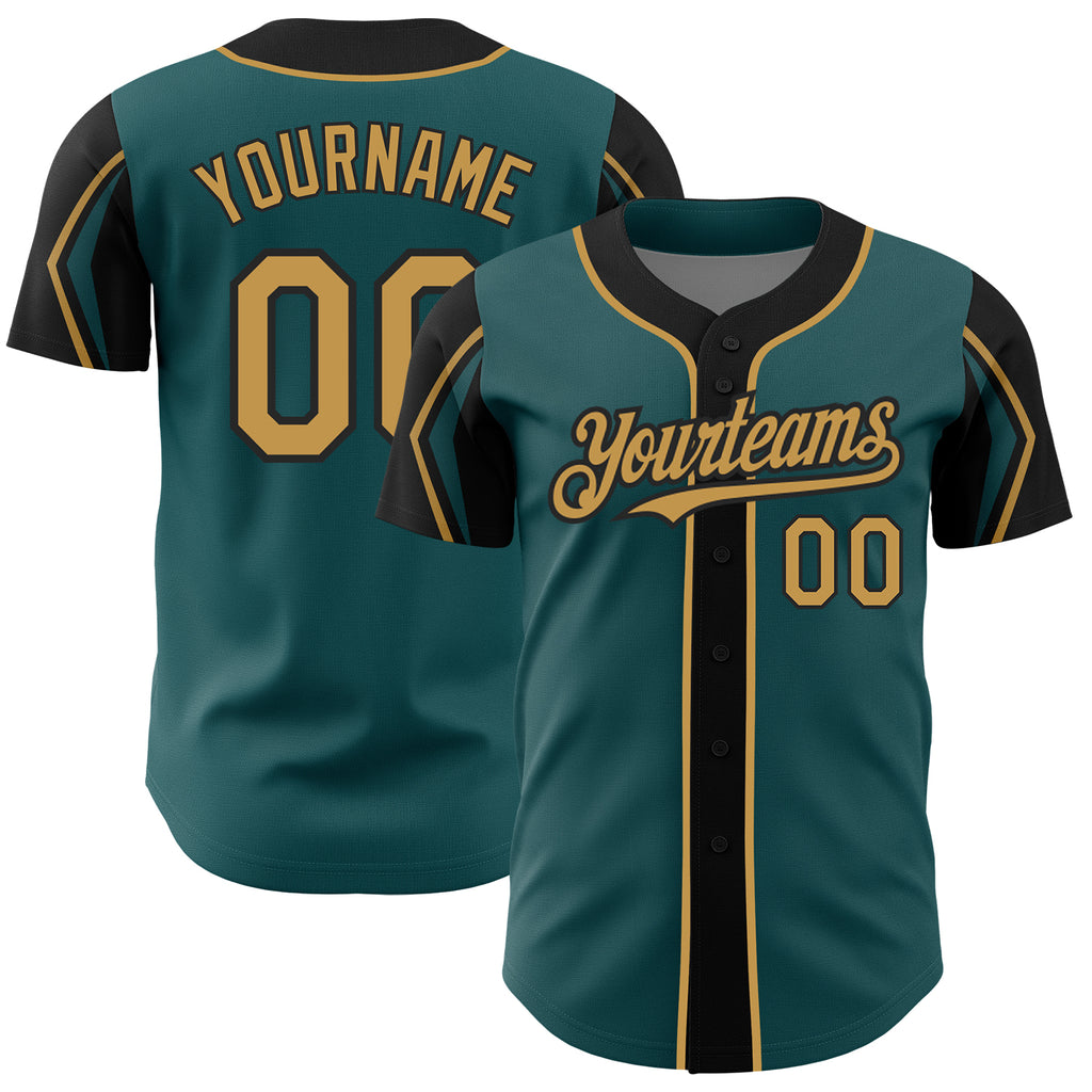 Custom Midnight Green Old Gold-Black 3 Colors Arm Shapes Authentic Baseball Jersey