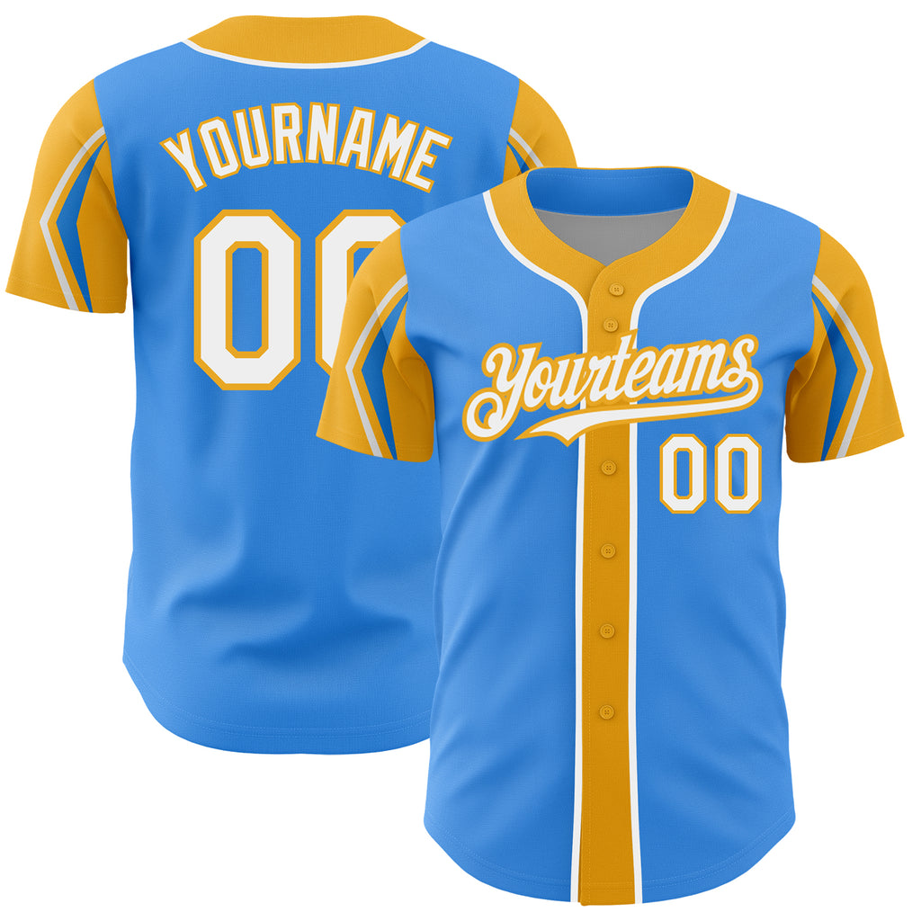 Custom Electric Blue White-Gold 3 Colors Arm Shapes Authentic Baseball Jersey