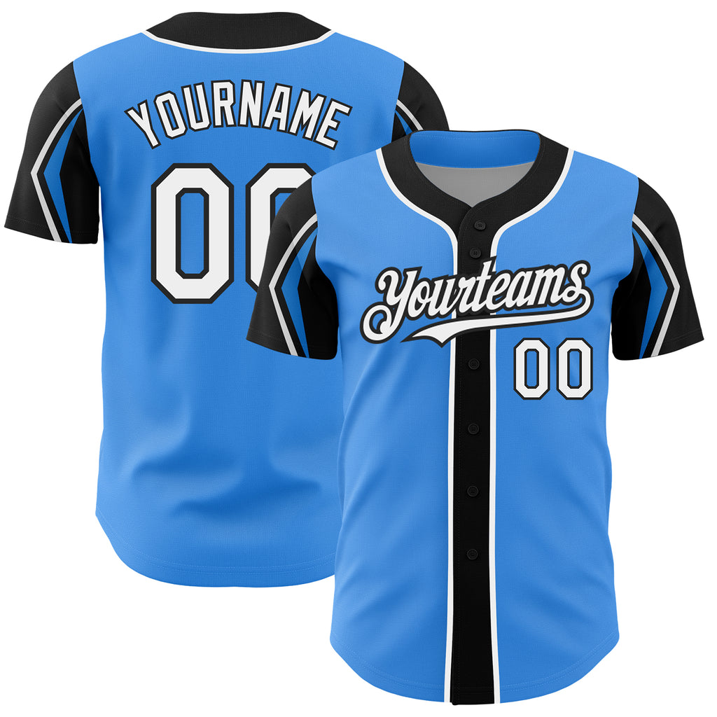 Custom Electric Blue White-Black 3 Colors Arm Shapes Authentic Baseball Jersey