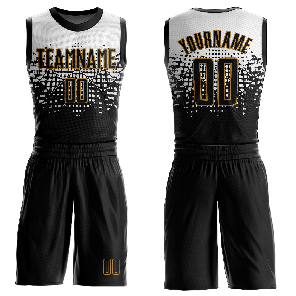 Custom White Black-Old Gold Round Neck Sublimation Basketball Suit Jersey