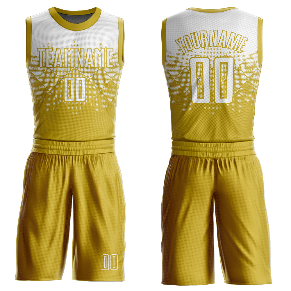 Custom Old Gold White Round Neck Sublimation Basketball Suit Jersey