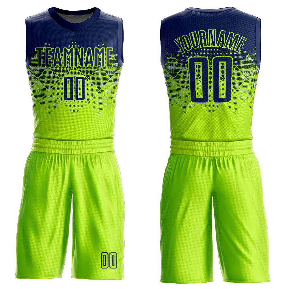 Custom Neon Green Navy Round Neck Sublimation Basketball Suit Jersey